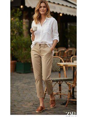 Zara Beige Cropped Chino Pants Casual Parisienne Chic Old Money Quiet Luxury